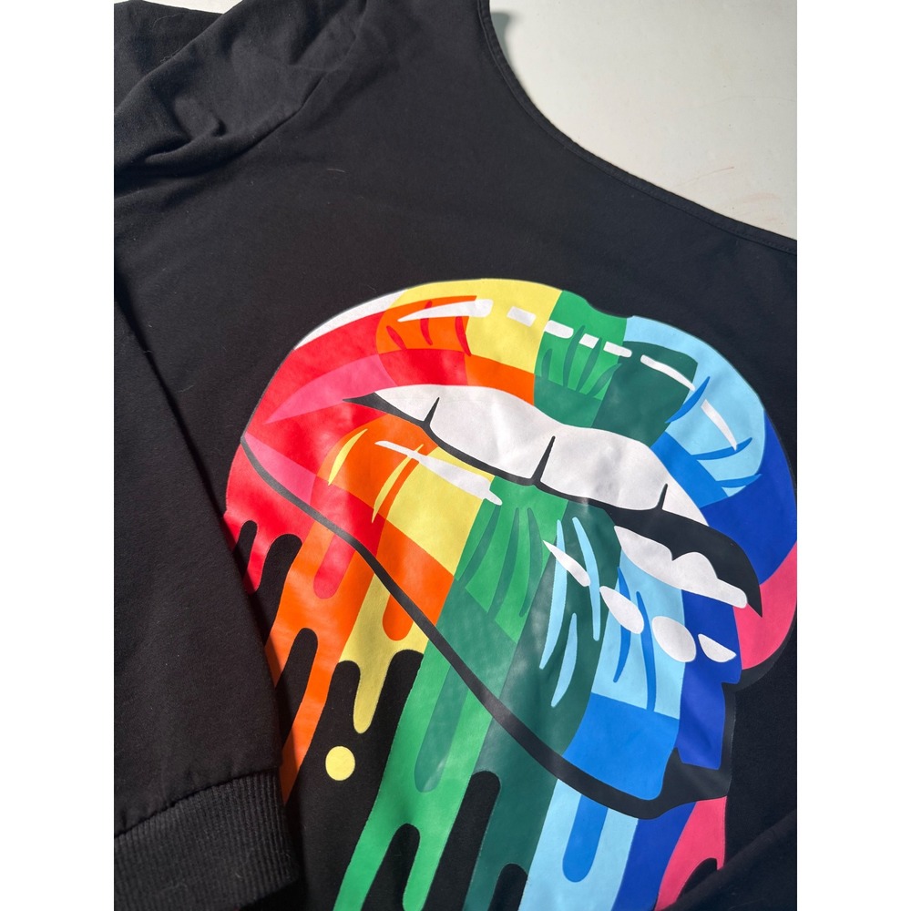 MAGICMK Womens Black Rainbow Drip Lips Sweatshirt Off Shoulder M C721801TJ